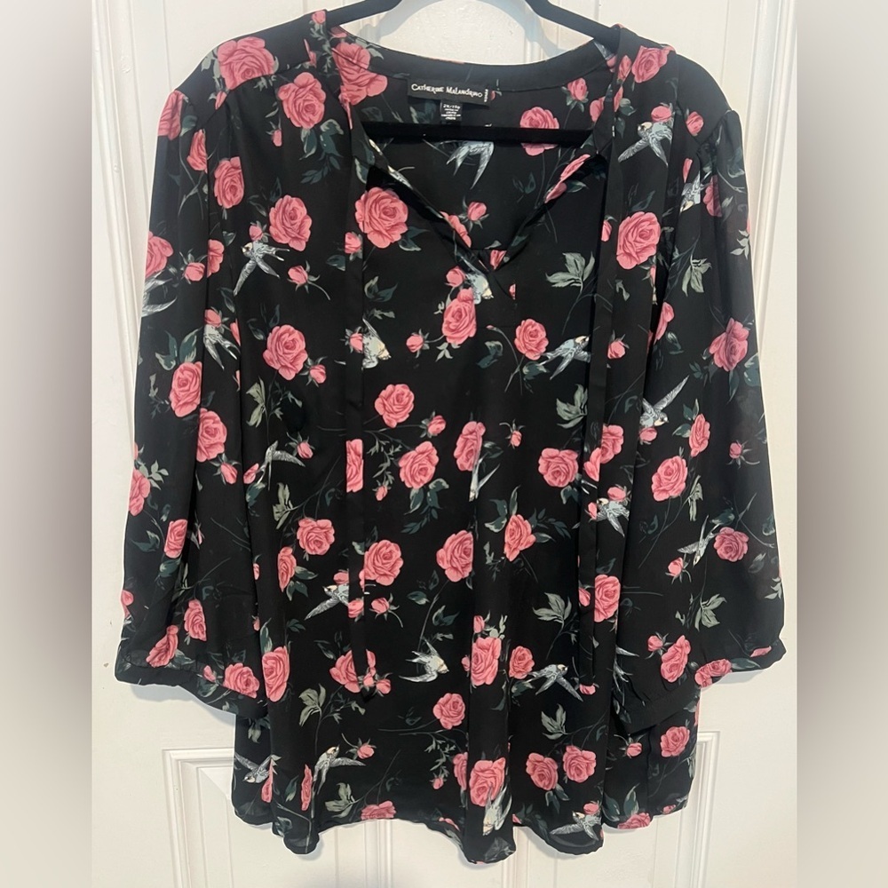 Catherine Malandrino Womens 2X Plus Size Blouse Top Pink Flowers & Birds Boho